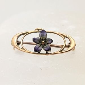 Antique Victorian 10K Gold Purple Enamel Flower Pin